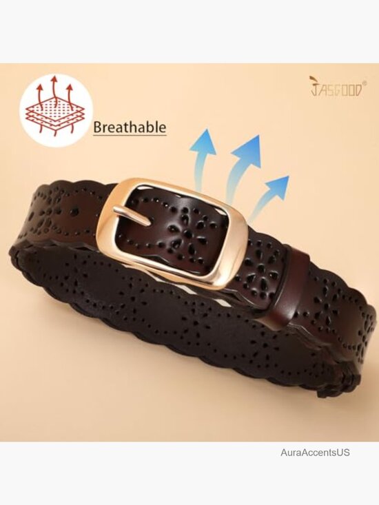 Women\'s Leather Belt with Hollow Floral Pattern and Gold Buckle, Adjustable main image 5